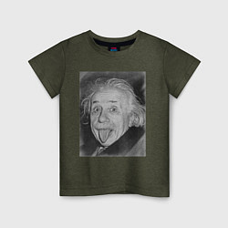 Футболка хлопковая детская Энштейн дурачится цвета меланж-хаки — фото 1