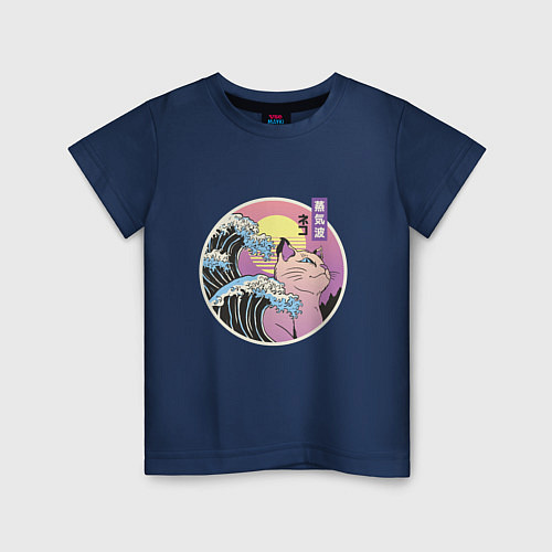 Детская футболка Vaporwave Sunset Кот Самурай / Тёмно-синий – фото 1