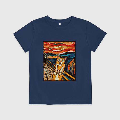 Детская футболка Кот пародия на Крик Мунка / Тёмно-синий – фото 1