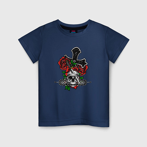 Детская футболка Череп, кинжал и крест / Тёмно-синий – фото 1