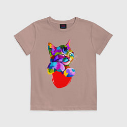 Футболка хлопковая детская РАДУЖНЫЙ КОТИК RAINBOW KITTY, цвет: пыльно-розовый