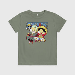 Футболка хлопковая детская Малыши Зоро и Луффи One Piece, цвет: авокадо