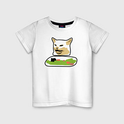 Футболка хлопковая детская Смадж кот мем за столом, цвет: белый