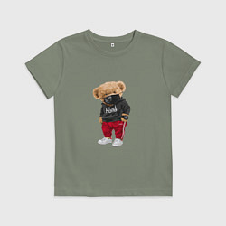 Футболка хлопковая детская Крутой медвежонок в спортивках, цвет: авокадо