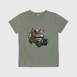 Футболка хлопковая детская Персонажи жожо едут на уазике джо джо, цвет: авокадо