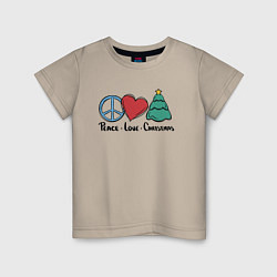 Футболка хлопковая детская Peace Love and Christmas, цвет: миндальный