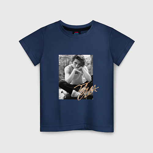 Детская футболка Черно-белое фото Шаламе с автографом / Тёмно-синий – фото 1