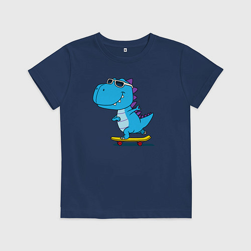 Детская футболка Динозавр скейтбордист / Тёмно-синий – фото 1