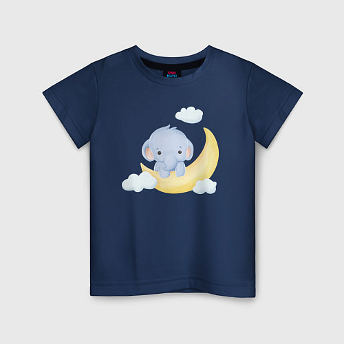 Детская футболка Милый Слонёнок На Месяце С Облаками / Тёмно-синий – фото 1