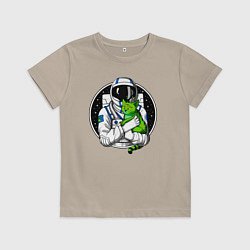 Футболка хлопковая детская Космонавт с инопланетным котом, цвет: миндальный