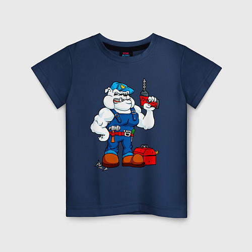 Детская футболка Бульдог с дрелью и инструментами / Тёмно-синий – фото 1