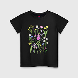 Футболка хлопковая детская Полевые цветы, растения акварелью Ботаника, цвет: черный
