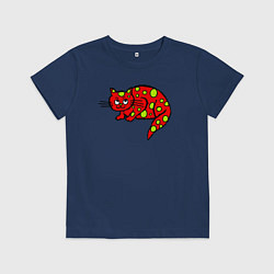 Футболка хлопковая детская Красная кошка с зелеными пятнами, цвет: тёмно-синий