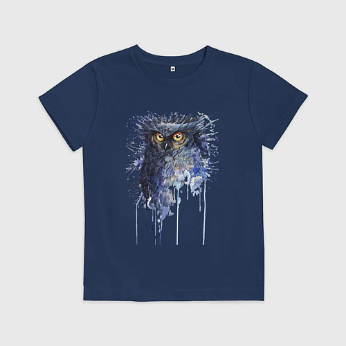 Детская футболка Прикольная сова в акварельном рисунке / Тёмно-синий – фото 1