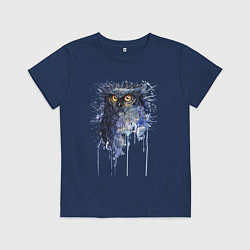Футболка хлопковая детская Прикольная сова в акварельном рисунке, цвет: тёмно-синий