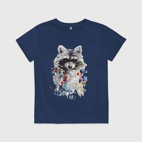 Детская футболка Мордочка енота - акварель / Тёмно-синий – фото 1