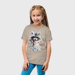 Футболка хлопковая детская Мордочка енота - акварель, цвет: миндальный — фото 2