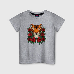 Футболка хлопковая детская Тигр в розах, цвет: меланж