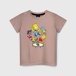 Футболка хлопковая детская Персонажи из мультфильма Симпсоны прыгают на батут, цвет: пыльно-розовый