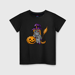 Футболка хлопковая детская Единорог наряжен на Хэллоуин, цвет: черный