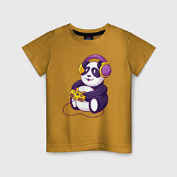 Футболка хлопковая детская Панда в наушниках с геймпадом, цвет: горчичный