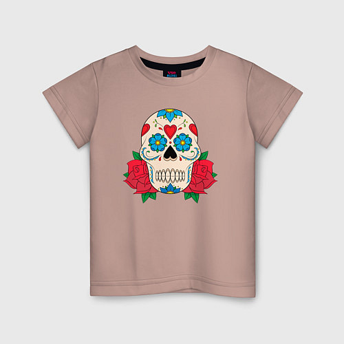 Детская футболка Череп с двумя розами / Пыльно-розовый – фото 1