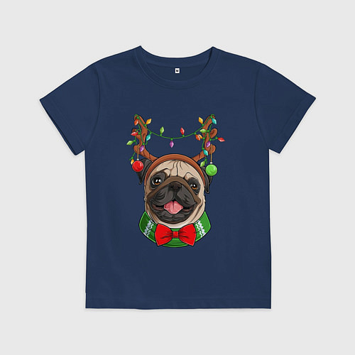 Детская футболка Новогодний мопс / Тёмно-синий – фото 1