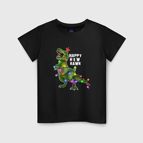 Детская футболка Новогодний динозавр елочка гори / Черный – фото 1