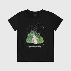 Футболка хлопковая детская Кролик и снежинки акварельная иллюстрация, цвет: черный