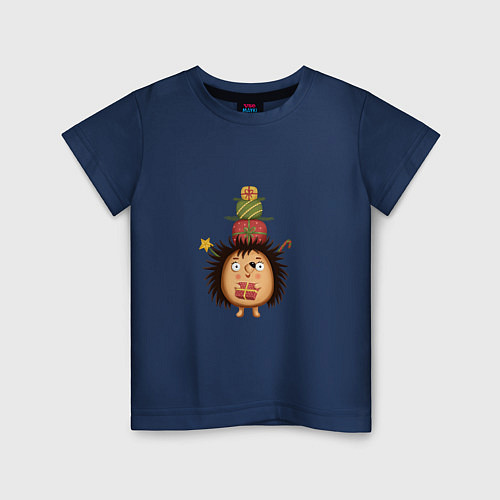 Детская футболка Ёжик с Новогодними подарками / Тёмно-синий – фото 1