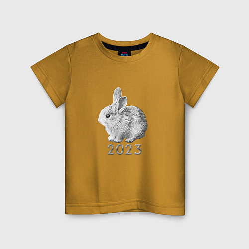 Детская футболка Новогодний белый кролик, символ 2023 года / Горчичный – фото 1