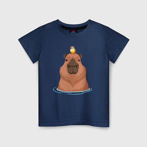 Детская футболка Капибара и птичка / Тёмно-синий – фото 1