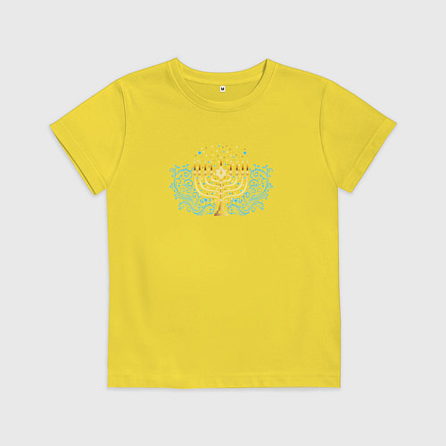 Детская футболка Золотая менора с синим цветочным узором / Желтый – фото 1