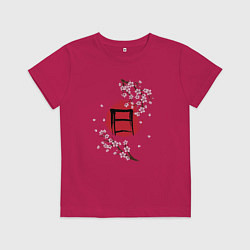 Футболка хлопковая детская Цветущая сакура и красный круг с японским иероглиф, цвет: маджента