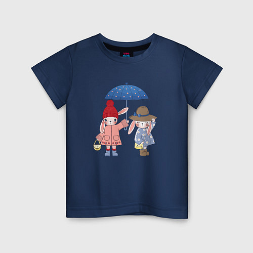 Детская футболка Зайки под зонтом / Тёмно-синий – фото 1