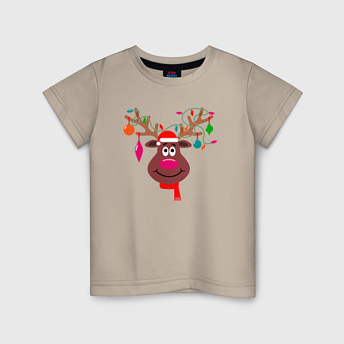 Детская футболка Новогодний олень с гирляндой на рогах / Миндальный – фото 1