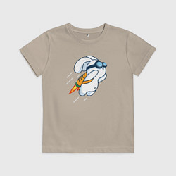 Футболка хлопковая детская Заяц летит на реактивной морковке, цвет: миндальный