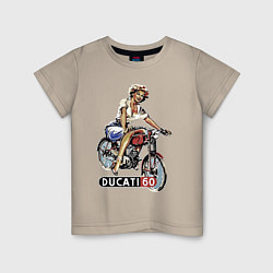 Футболка хлопковая детская Красивая девушка на мотоцикле Ducati - retro, цвет: миндальный