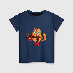 Футболка хлопковая детская Влюбленный рыжий кот с рыбным букетом, цвет: тёмно-синий
