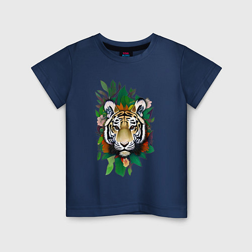 Детская футболка Голова Тигра среди листьев и цветов, Тигр символ 2 / Тёмно-синий – фото 1