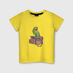 Футболка хлопковая детская Зеленый попугай на сундуке с сокровищами, цвет: желтый