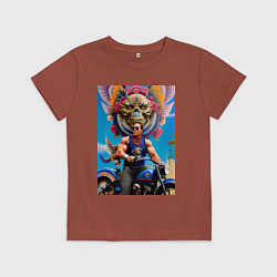 Футболка хлопковая детская Арнольд Шварценеггер на крутом мотоцикле - нейросе, цвет: кирпичный