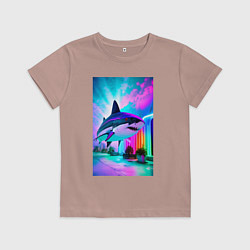 Футболка хлопковая детская Неоновая акула - нейросеть, цвет: пыльно-розовый