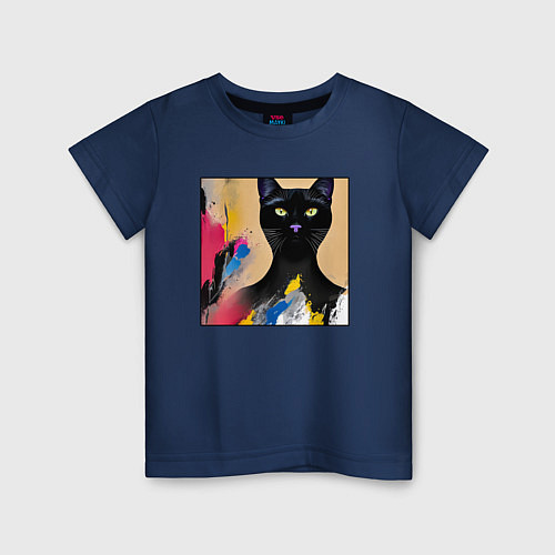 Детская футболка Черный кот из нейросети / Тёмно-синий – фото 1