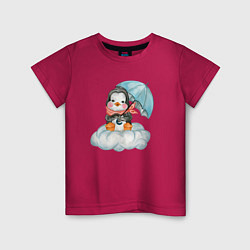 Футболка хлопковая детская Пингвин на облаке с зонтом, цвет: маджента