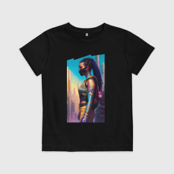 Футболка хлопковая детская Cyberpunk - girl - neural network, цвет: черный