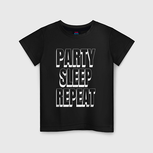 Детская футболка Party sleep repeat надпись с тенью / Черный – фото 1