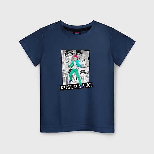 Детская футболка Кусуо Сайки на фоне манги / Тёмно-синий – фото 1