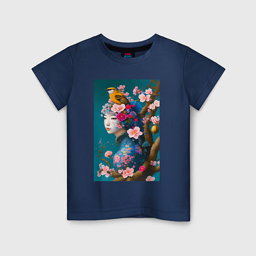 Детская футболка Девушка с птицей на фоне цветущей сакуры / Тёмно-синий – фото 1