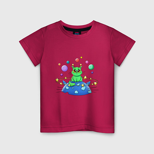 Детская футболка Зеленый кот инопланетянин / Маджента – фото 1